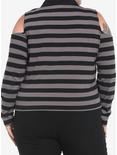 Black & Grey Stripe Cold Shoulder Girls Long-Sleeve Polo Shirt Plus Size, STRIPES-GREY, alternate