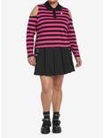 Black & Pink Stripe Cold Shoulder Girls Long-Sleeve Polo Shirt Plus Size, STRIPE-PINK, alternate