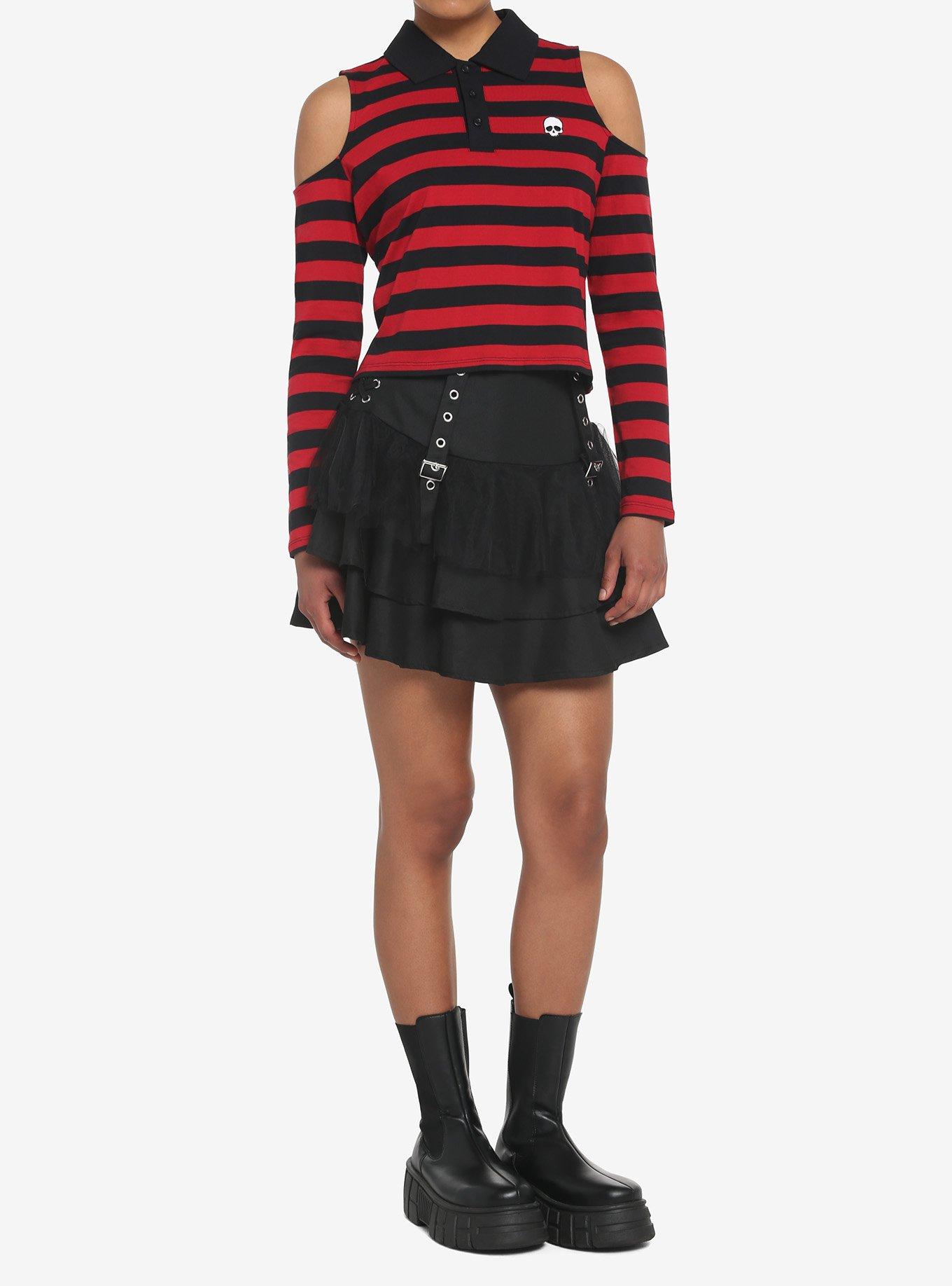 Black & Red Stripe Cold Shoulder Girls Long-Sleeve Polo Shirt, STRIPES - RED, alternate