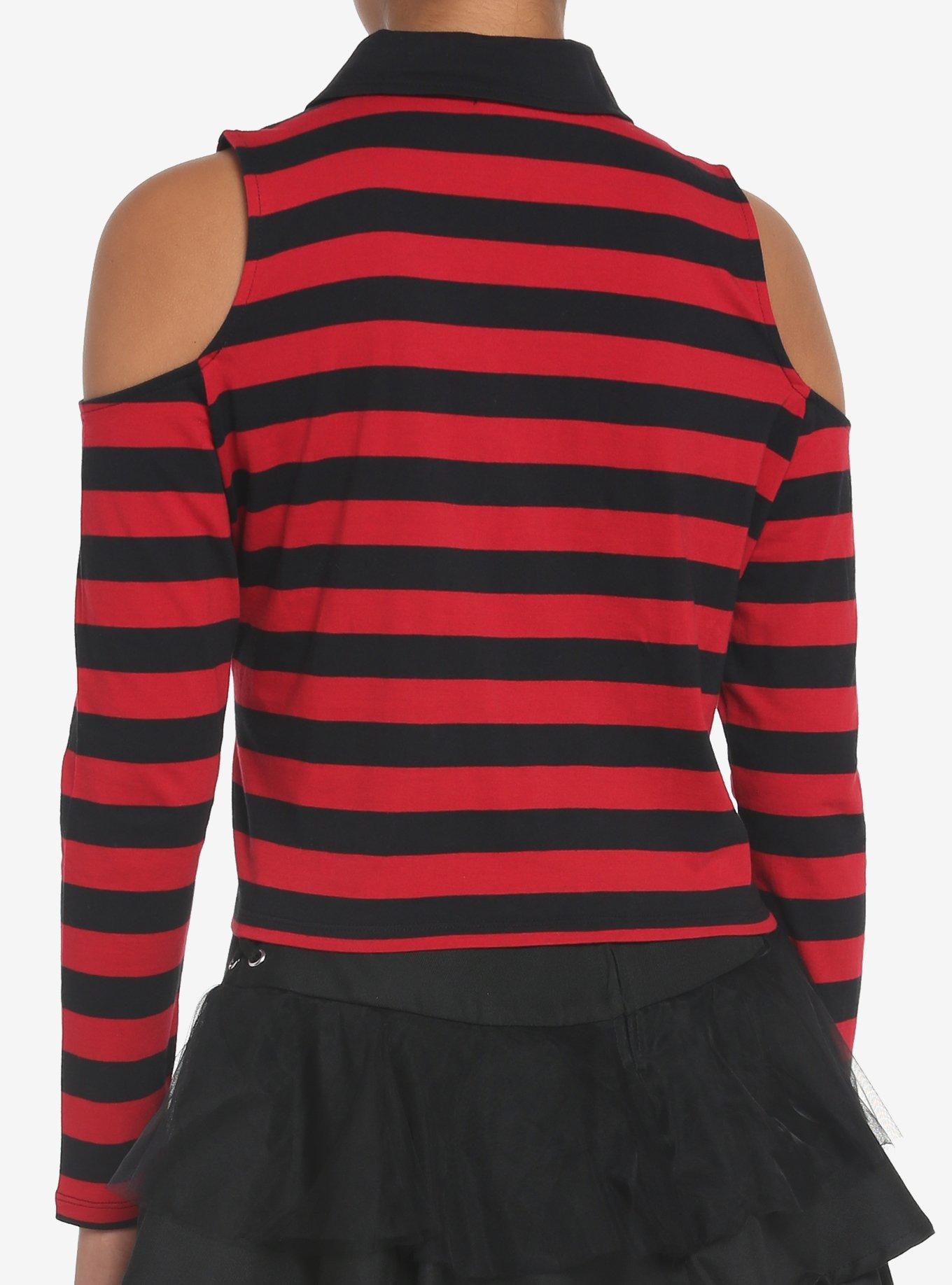 Black & Red Stripe Cold Shoulder Girls Long-Sleeve Polo Shirt, STRIPES - RED, alternate