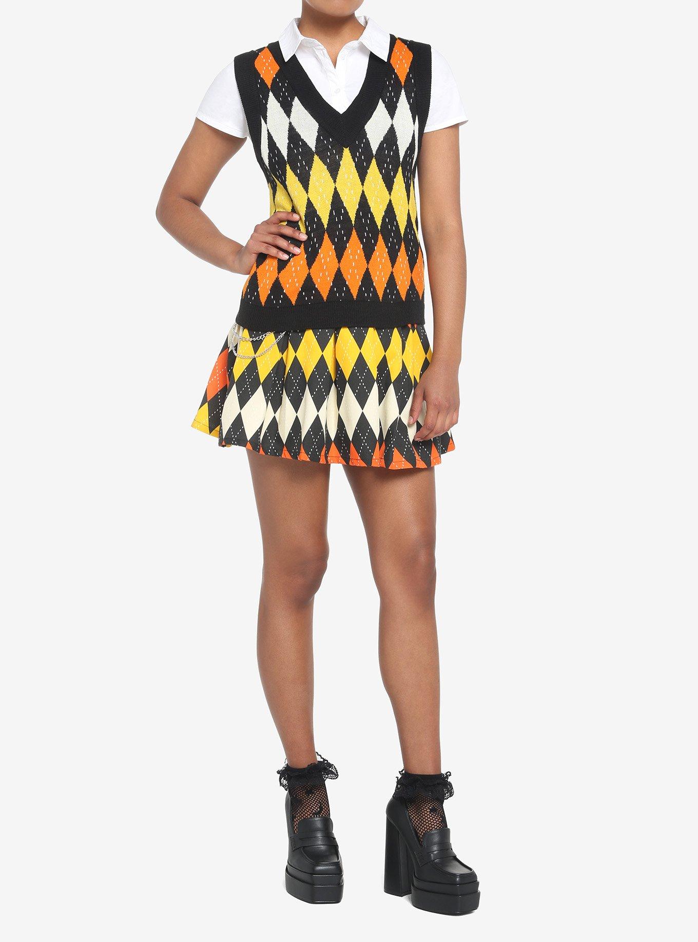 Orange Argyle Halloween Girls Crop Sweater Vest, MULTI, alternate