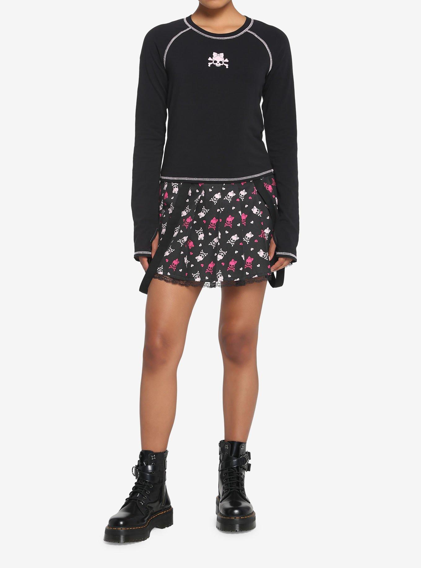 Pink Skull & Crossbones Crop Girls Long-Sleeve Raglan T-Shirt, BLACK, alternate