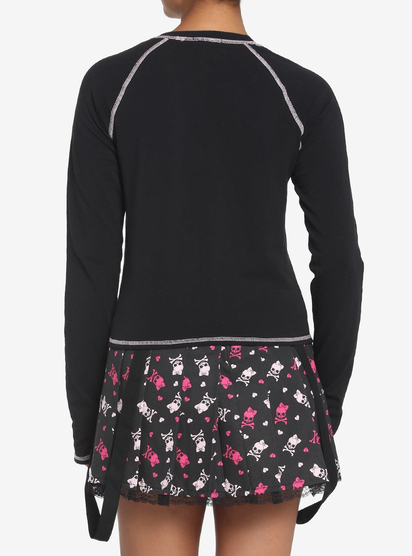 Pink Skull & Crossbones Crop Girls Long-Sleeve Raglan T-Shirt, BLACK, alternate