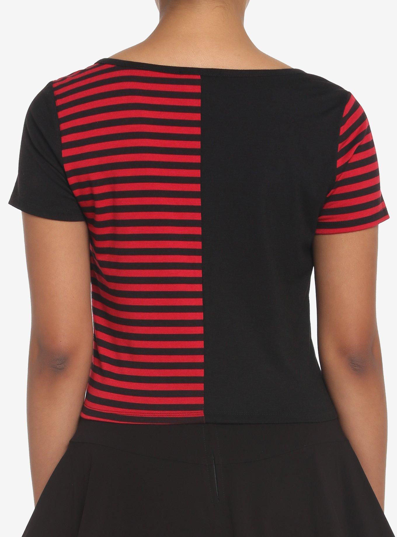 Black & Red Stripe Split Zip Girls Baby T-Shirt, STRIPES - RED, alternate