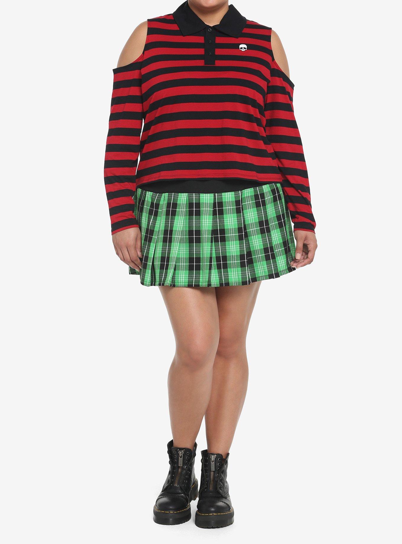 Black & Red Stripe Cold Shoulder Girls Long-Sleeve Polo Shirt Plus Size, STRIPES - RED, alternate