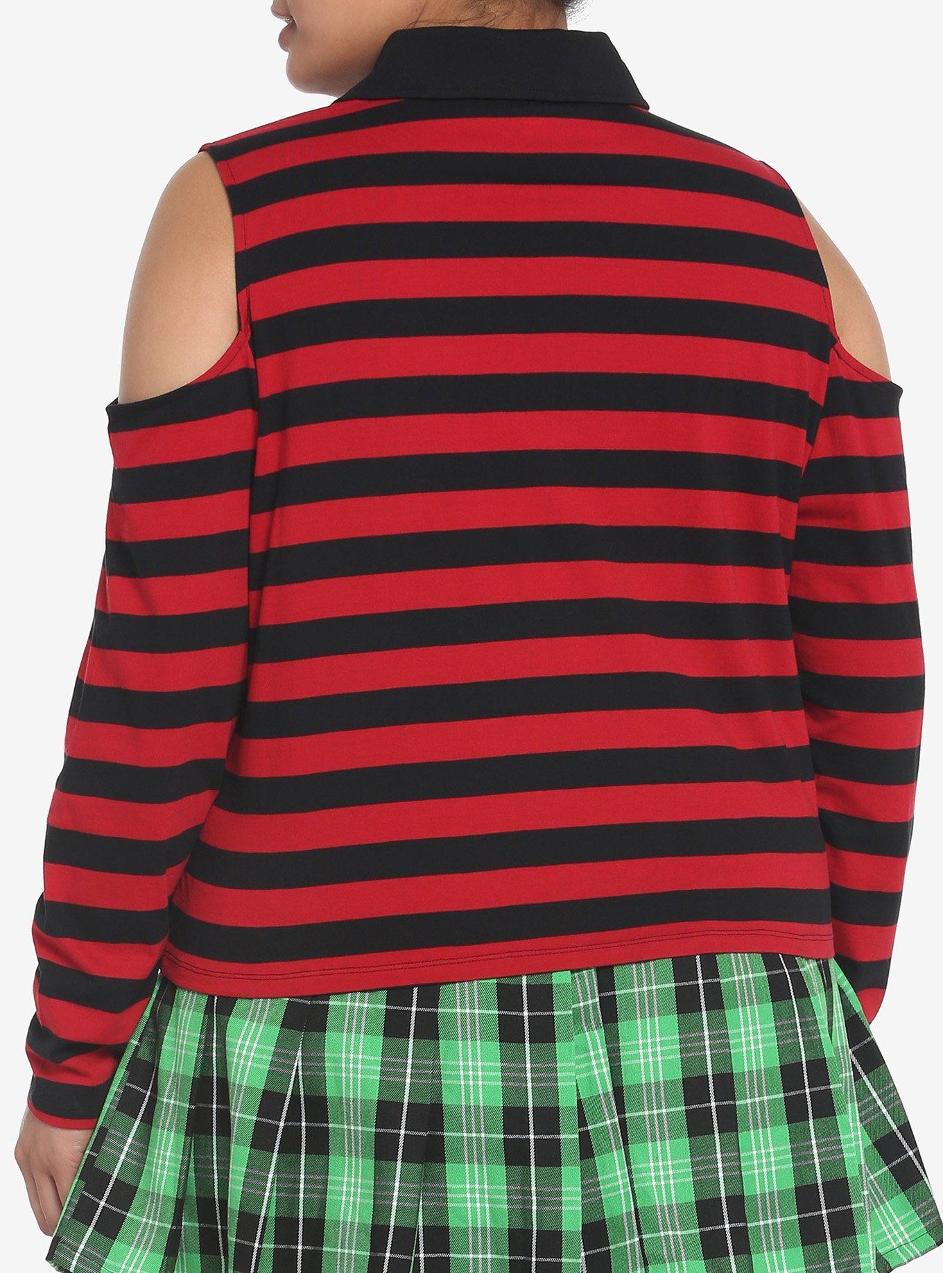 Black & Red Stripe Cold Shoulder Girls Long-Sleeve Polo Shirt Plus Size, STRIPES - RED, alternate