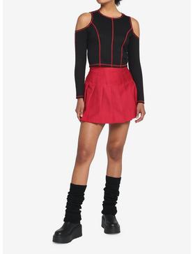 Black & Red Contrast Stitch Cold Shoulder Girls Crop Long-Sleeve Top, , hi-res