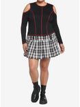Black & Red Contrast Stitch Cold Shoulder Girls Crop Long-Sleeve Top Plus Size, BLACK, alternate