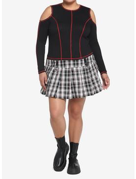 Black & Red Contrast Stitch Cold Shoulder Girls Crop Long-Sleeve Top Plus Size, , hi-res