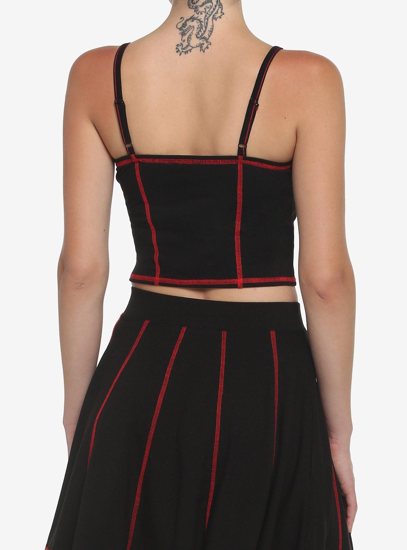 Black & Red Contrast Stitch Corset Girls Tank Top, BLACK, alternate