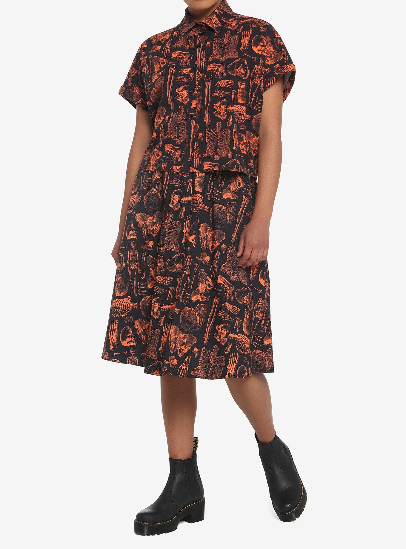 Black & Orange Skeleton Anatomy Girls Crop Woven Button-Up, BLACK, alternate