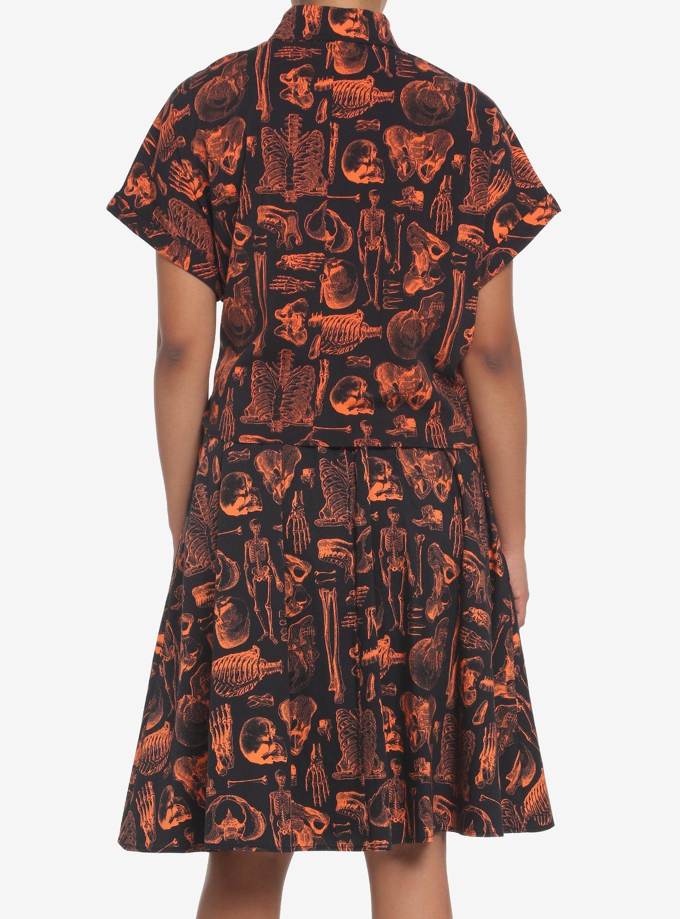 Black & Orange Skeleton Anatomy Girls Crop Woven Button-Up, BLACK, alternate