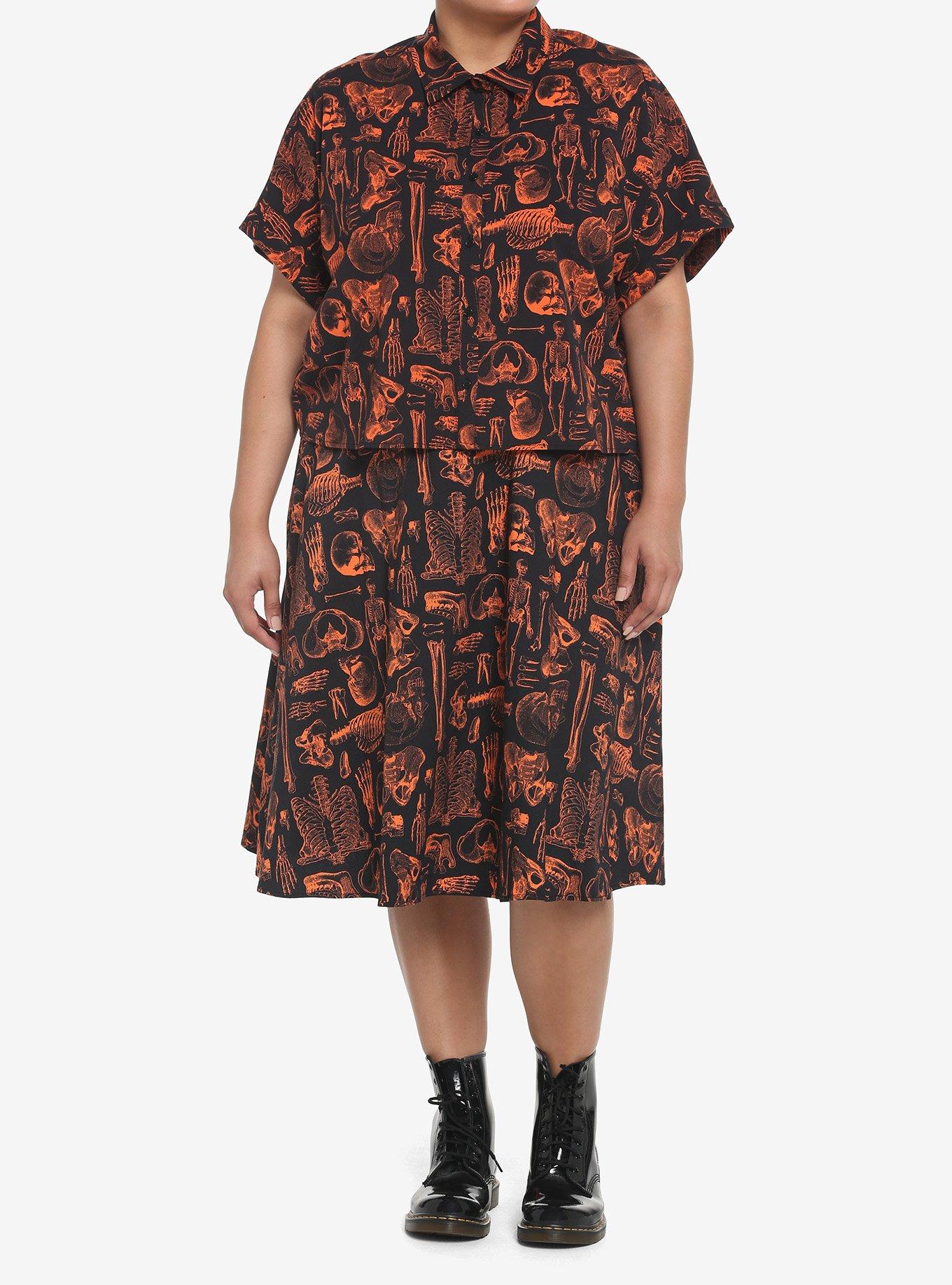 Black & Orange Skeleton Anatomy Girls Crop Woven Button-Up Plus Size, BLACK, alternate