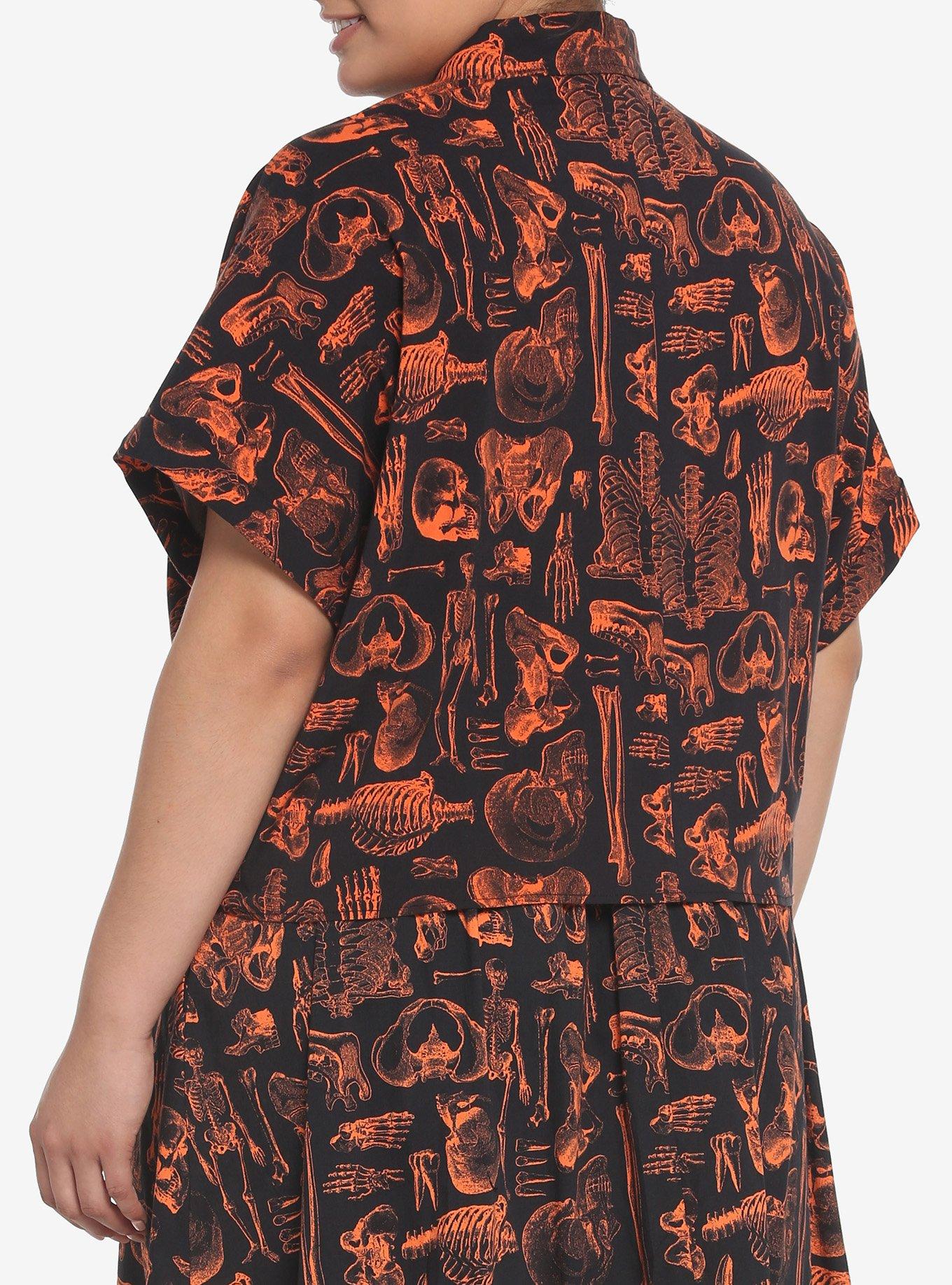 Black & Orange Skeleton Anatomy Girls Crop Woven Button-Up Plus Size, BLACK, alternate