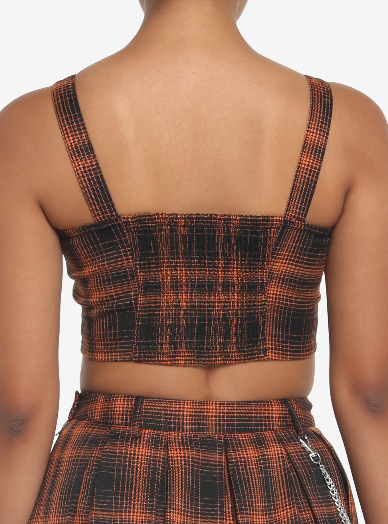 Orange Plaid Hook-And-Eye Girls Crop Tank Top, PLAID - BLACK, alternate