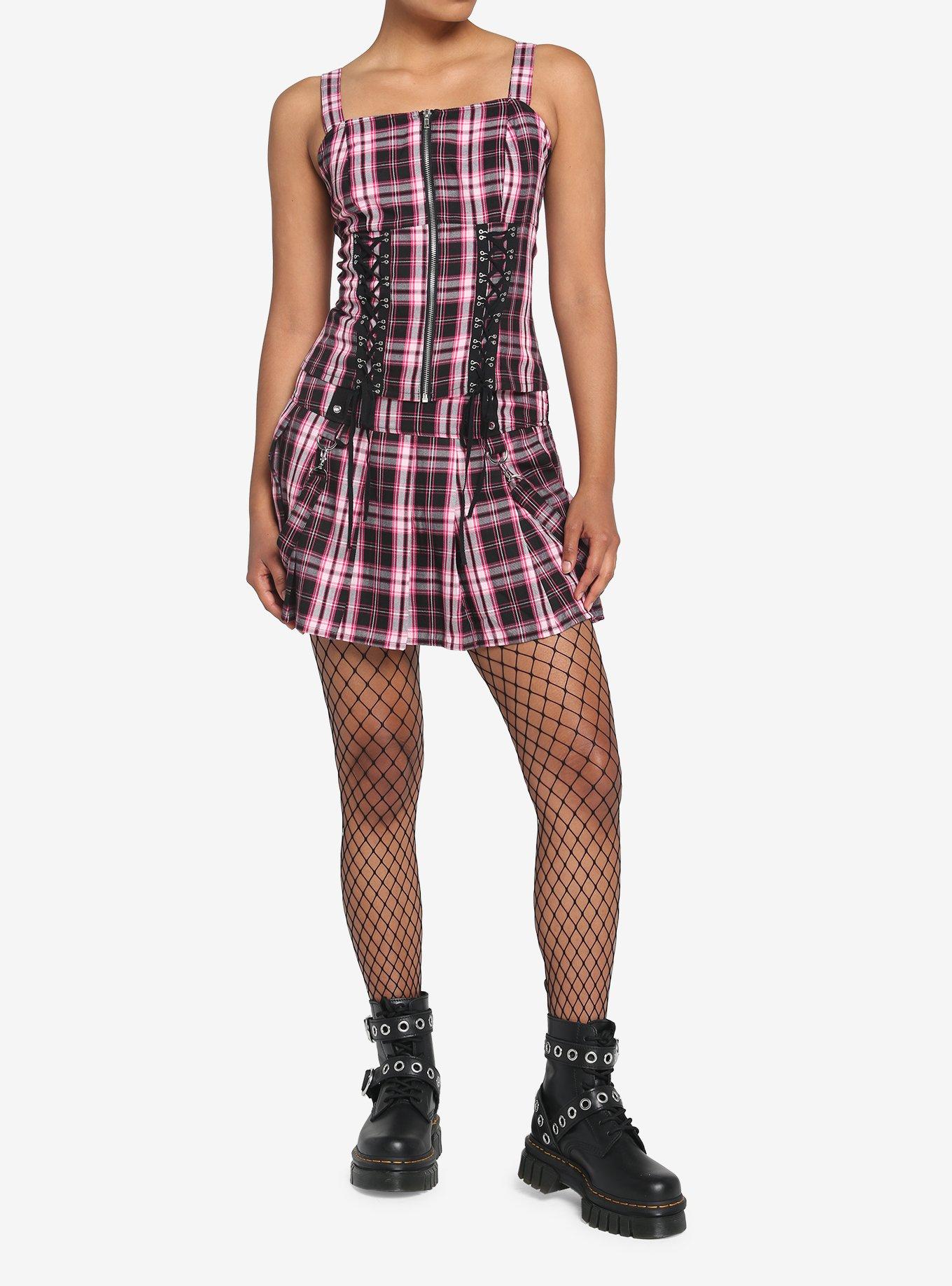 Black & Pink Plaid Lace-Up Corset Top, PLAID - PINK, alternate