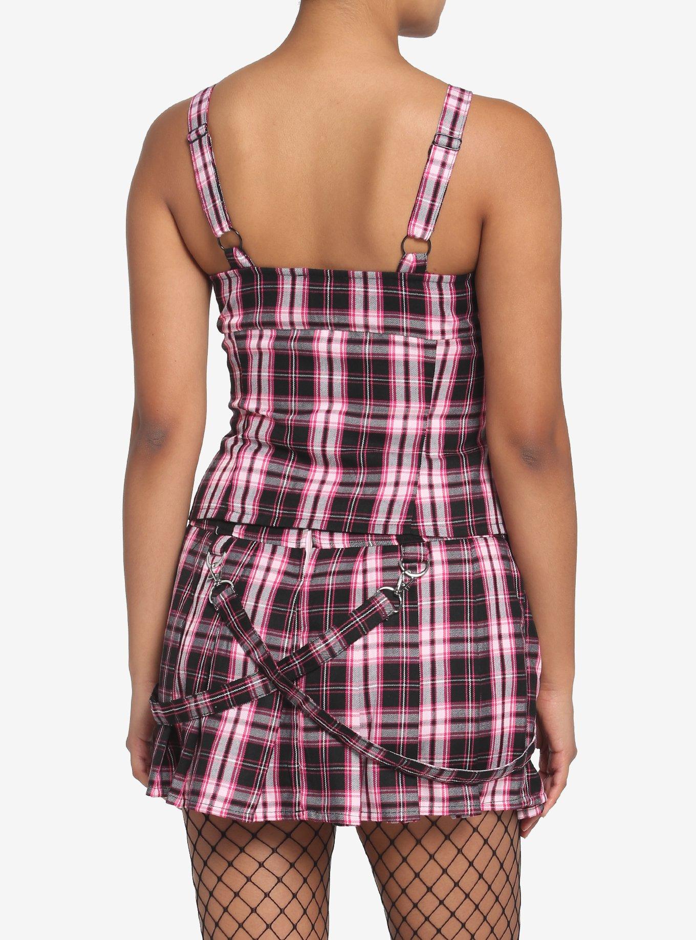 Black & Pink Plaid Lace-Up Corset Top, PLAID - PINK, alternate