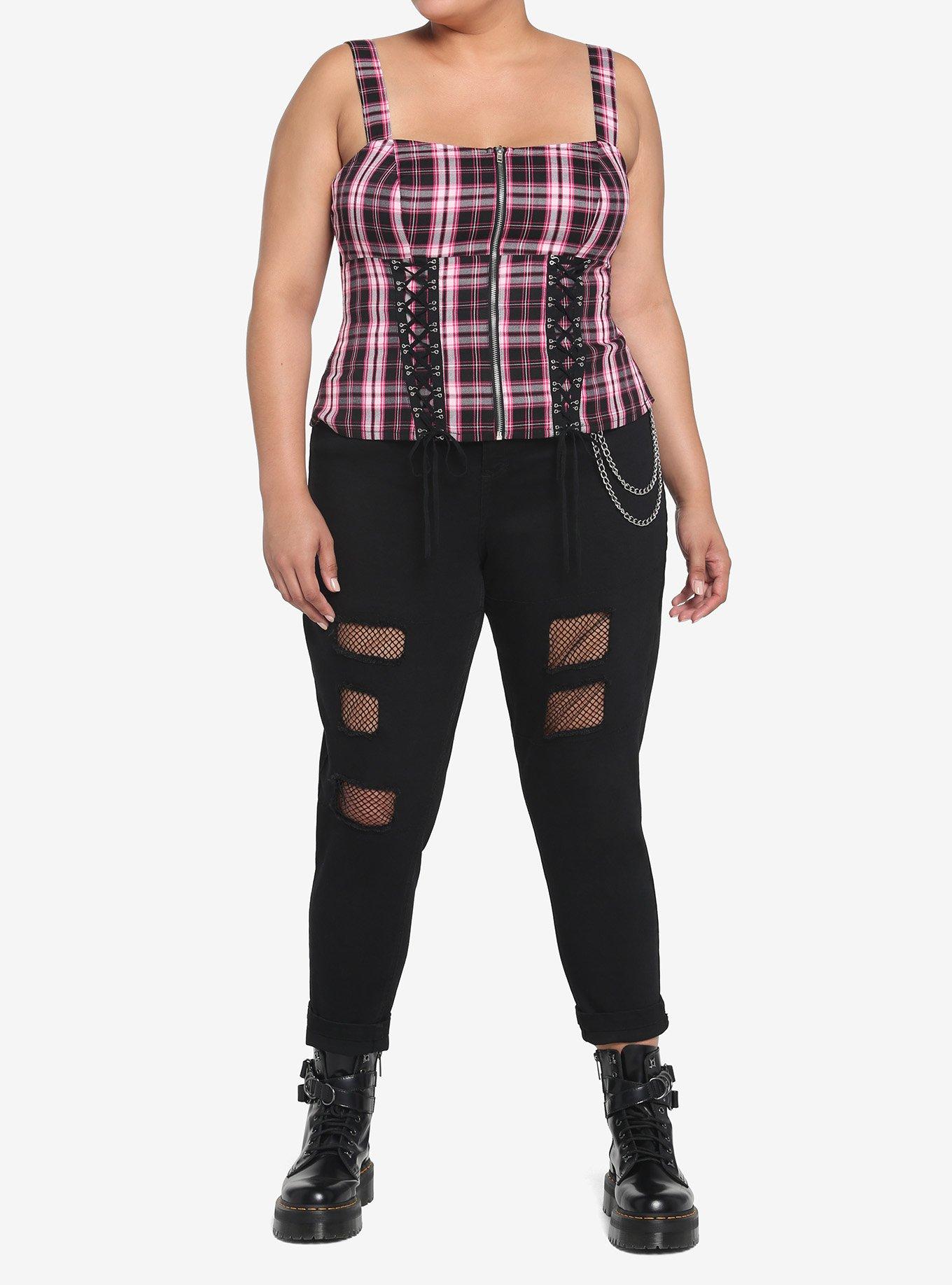 Black & Pink Plaid Lace-Up Corset Top Plus Size, PLAID - PINK, alternate