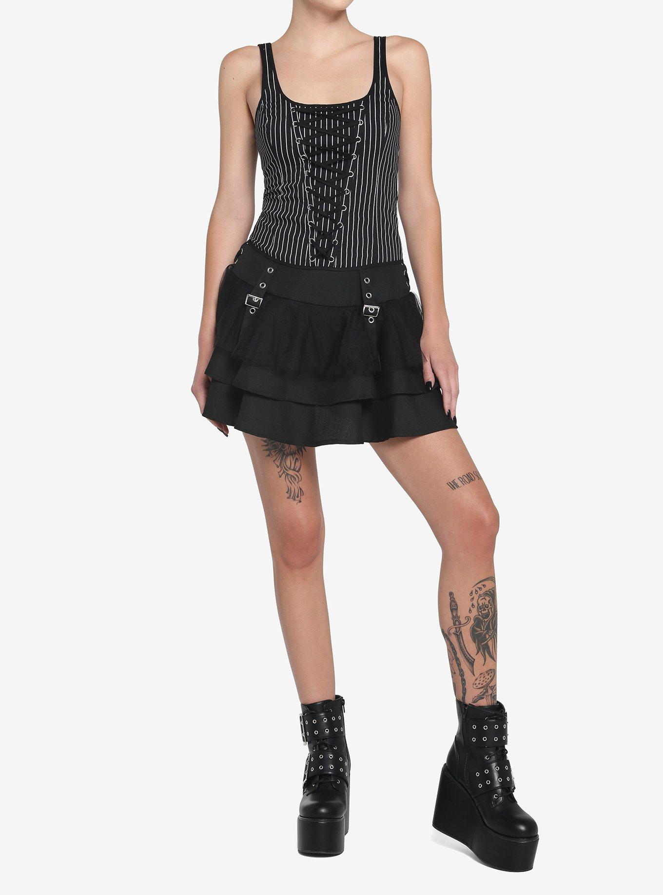 Black & White Pinstripe Lace-Up Corset Top Shirt Hot Topic shops Gothic Punk Grunge L