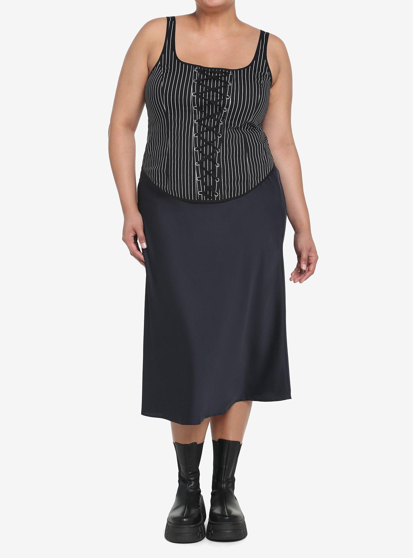 Black & White Pinstripe Lace-Up Corset Top Plus Size, PINSTRIPE, alternate