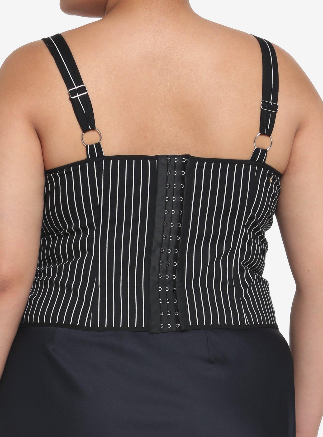 Black & White Pinstripe Lace-Up Corset Top Plus Size, PINSTRIPE, alternate