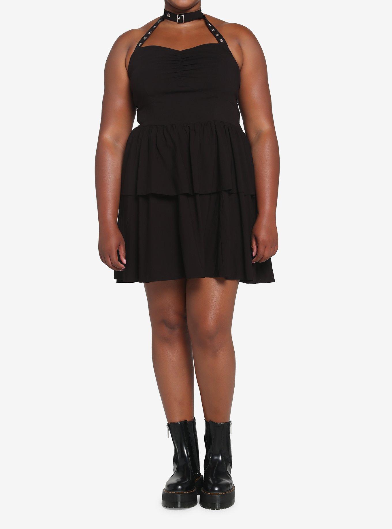 Black Grommet Choker Tiered Dress Plus Size, , hi-res