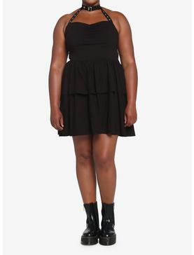 Black Grommet Choker Tiered Dress Plus Size, , hi-res