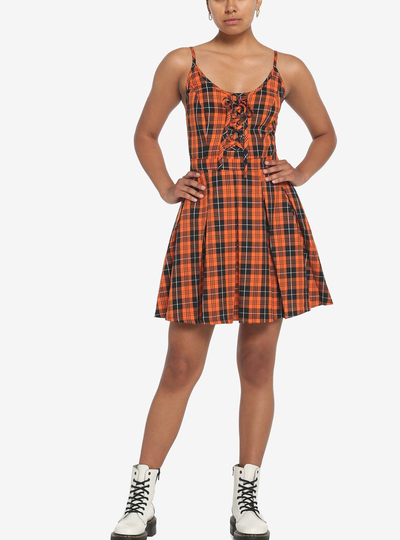 Black & Orange Plaid Pleated Lace-Up Dress, PLAID, alternate
