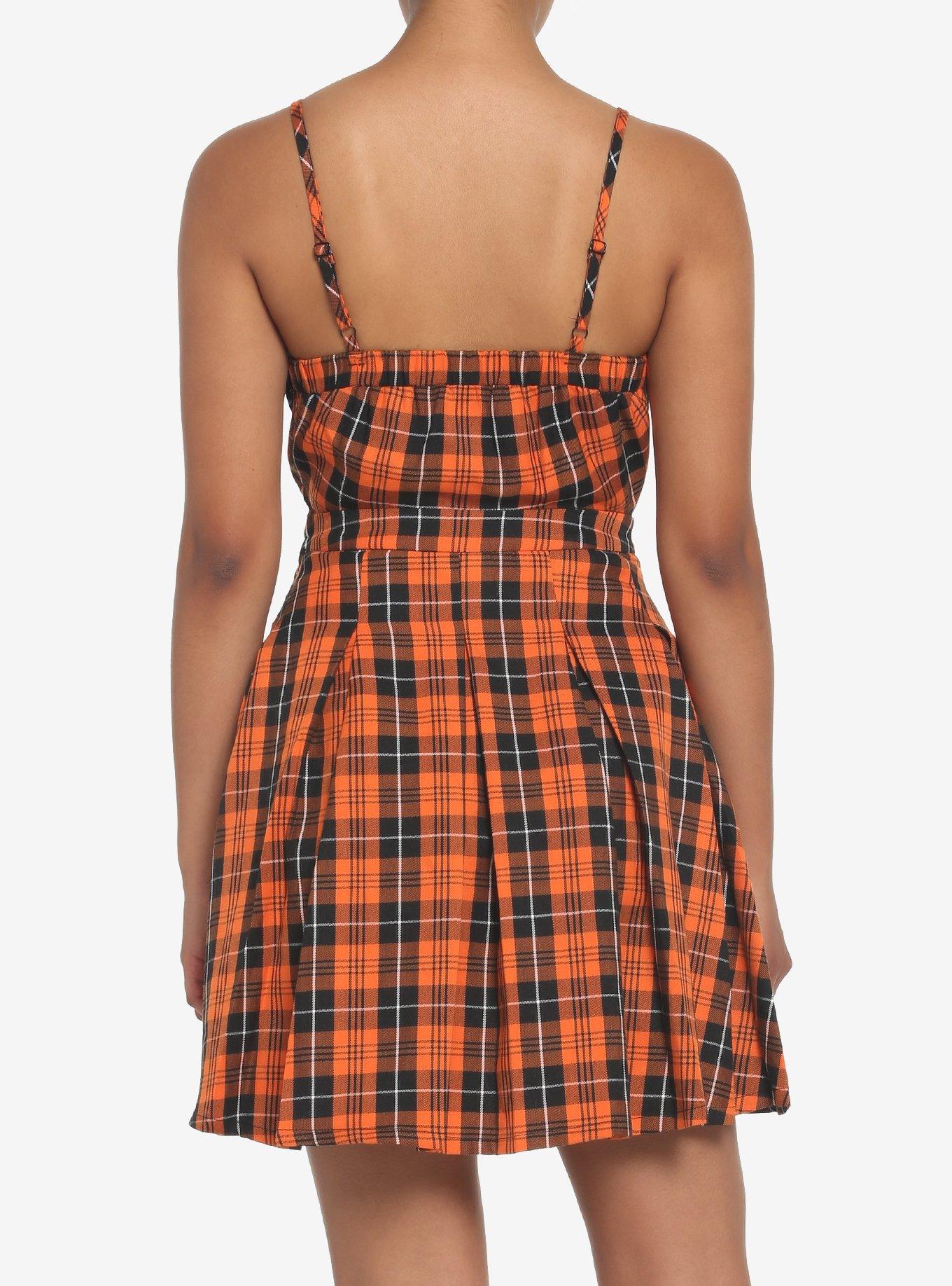 Black & Orange Plaid Pleated Lace-Up Dress, PLAID, alternate