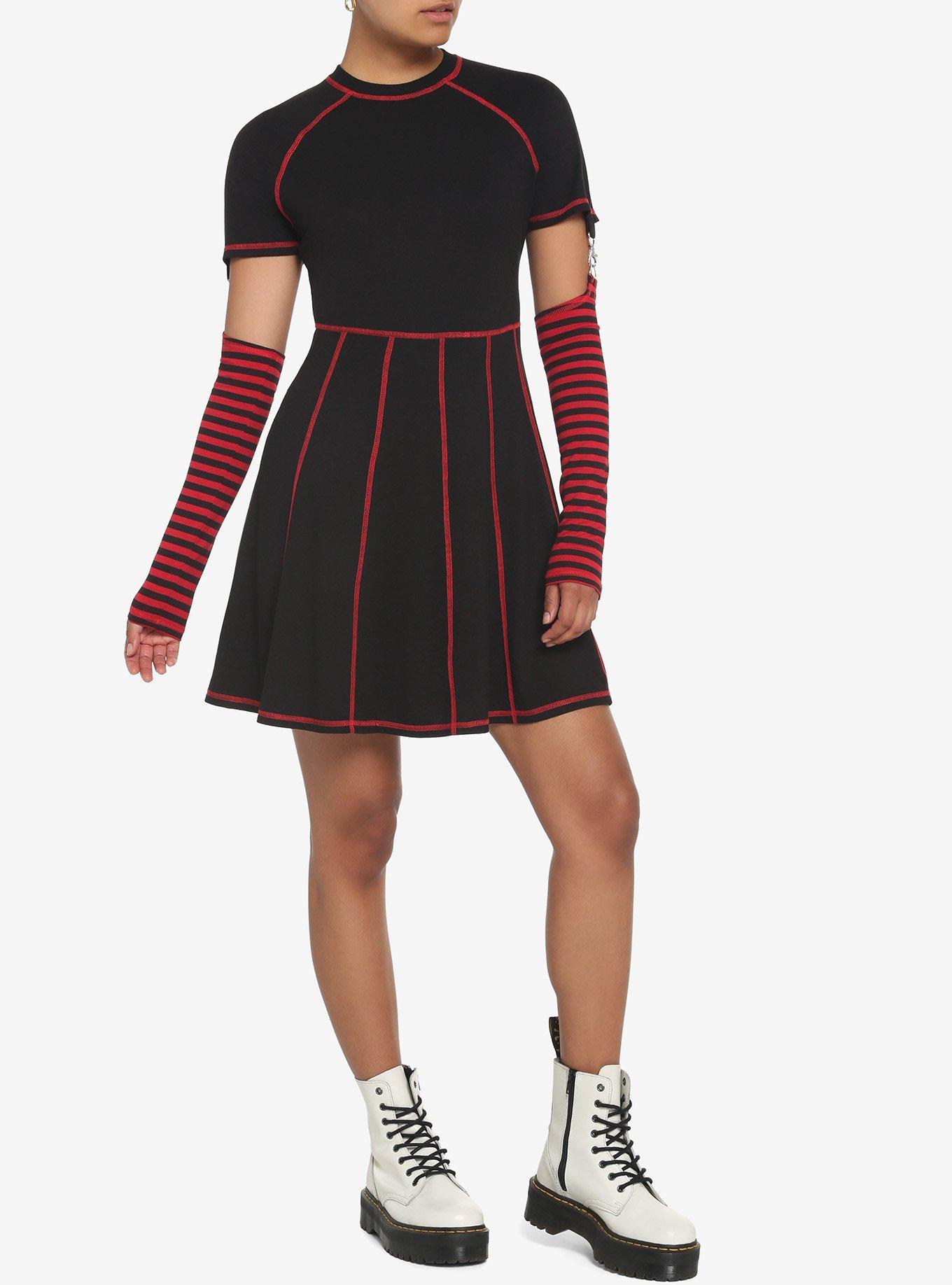 Black & Red Contrast Stitch Arm Warmer Dress, , hi-res