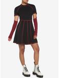 Black & Red Contrast Stitch Arm Warmer Dress, STRIPES - RED, alternate