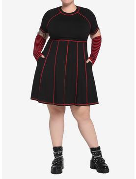 Black & Red Contrast Stitch Arm Warmer Dress Plus Size, , hi-res