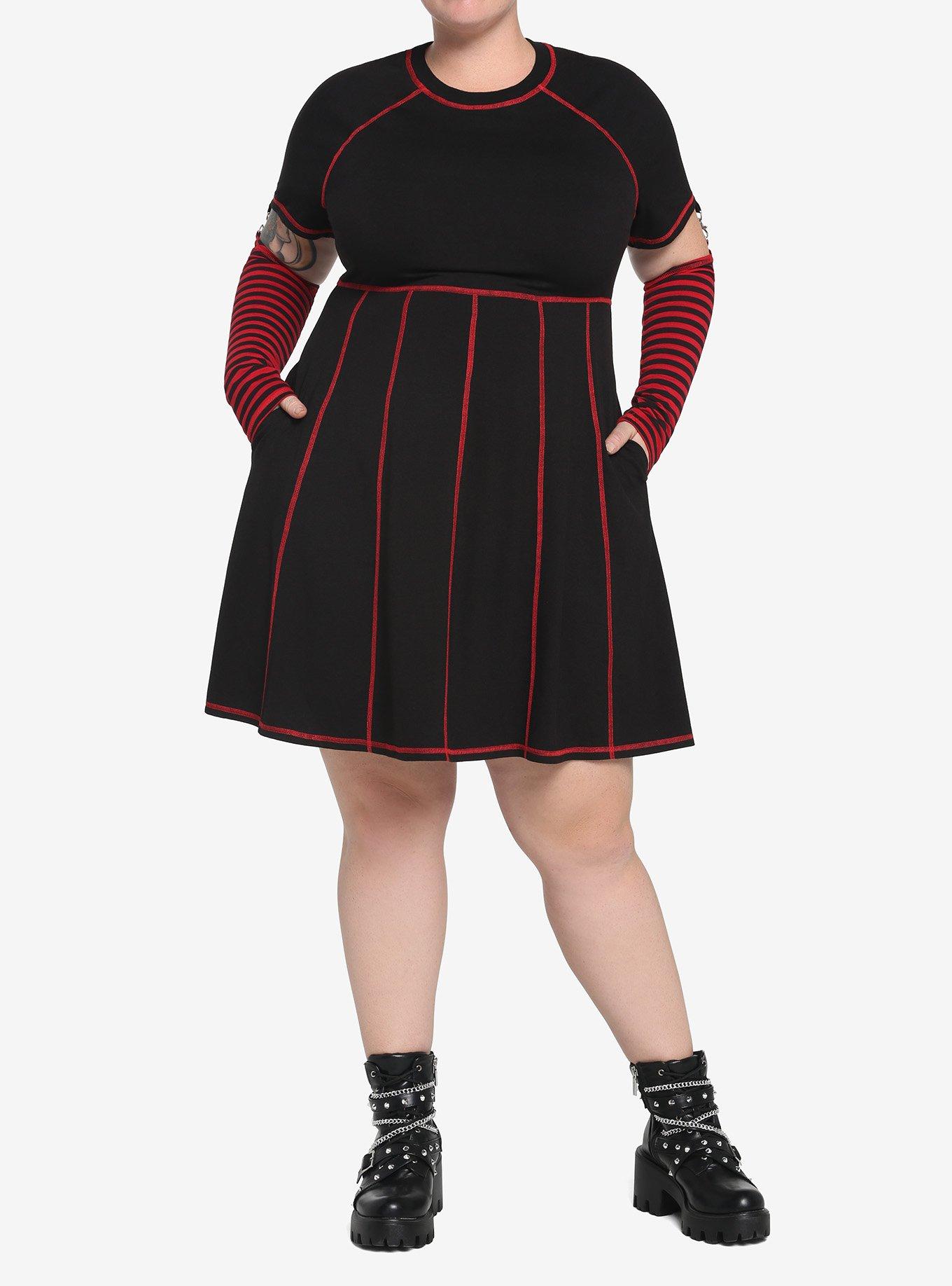 Black & Red Contrast Stitch Arm Warmer Dress Plus Size, STRIPES - RED, alternate