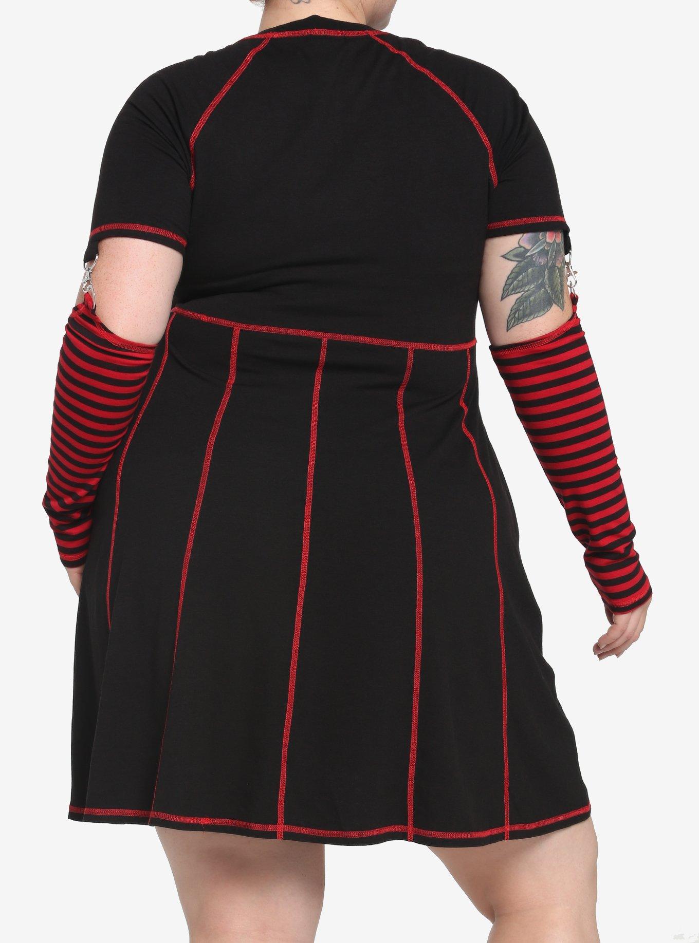 Black & Red Contrast Stitch Arm Warmer Dress Plus Size, STRIPES - RED, alternate