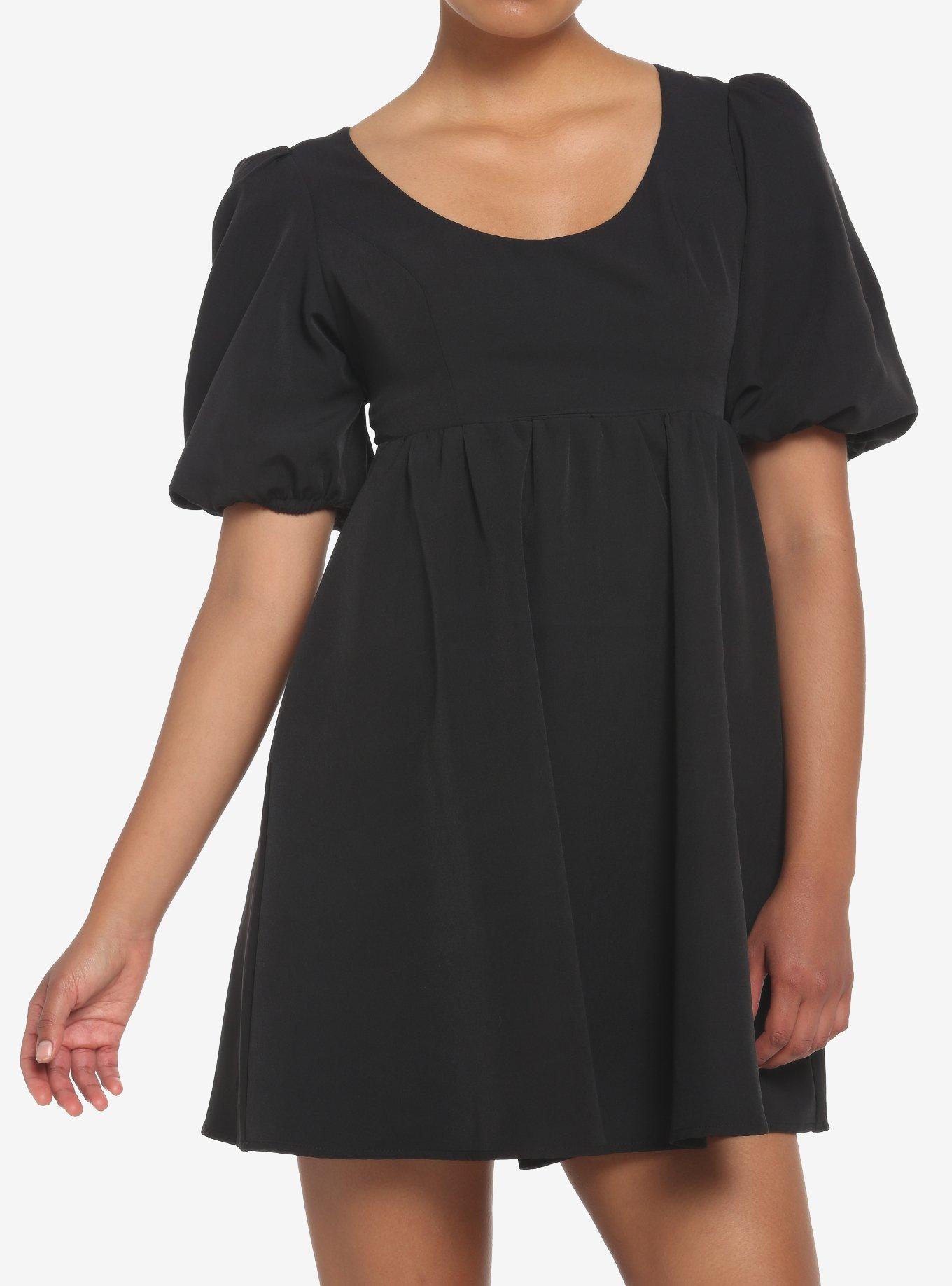 Black Back Tie Puff Sleeve Babydoll Dress, , hi-res