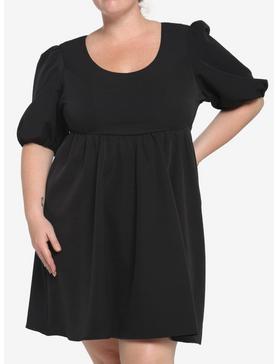 Black Back Tie Puff Sleeve Babydoll Dress Plus Size, , hi-res