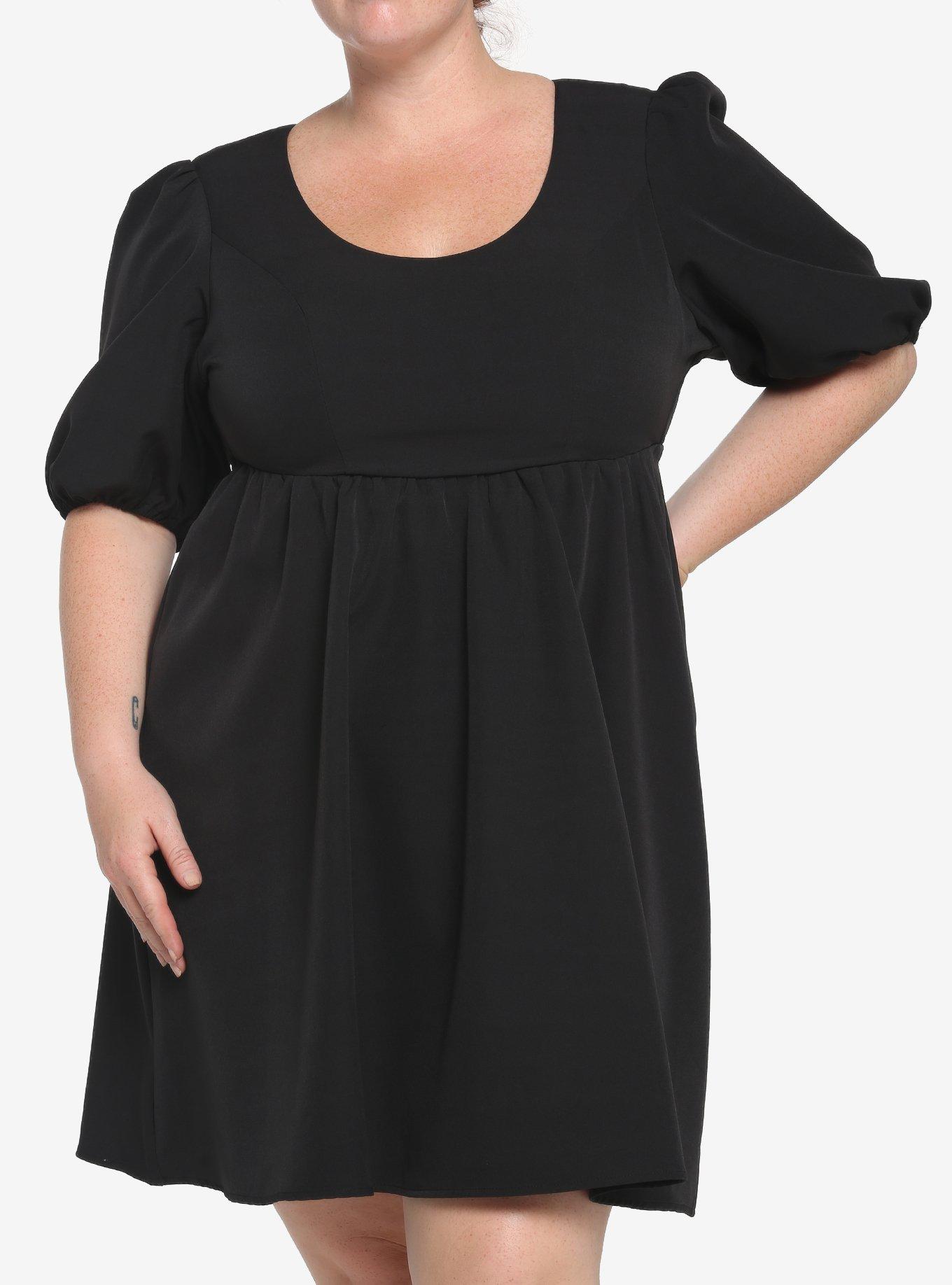 Black Back Tie Puff Sleeve Babydoll Dress Plus Size, BLACK, alternate