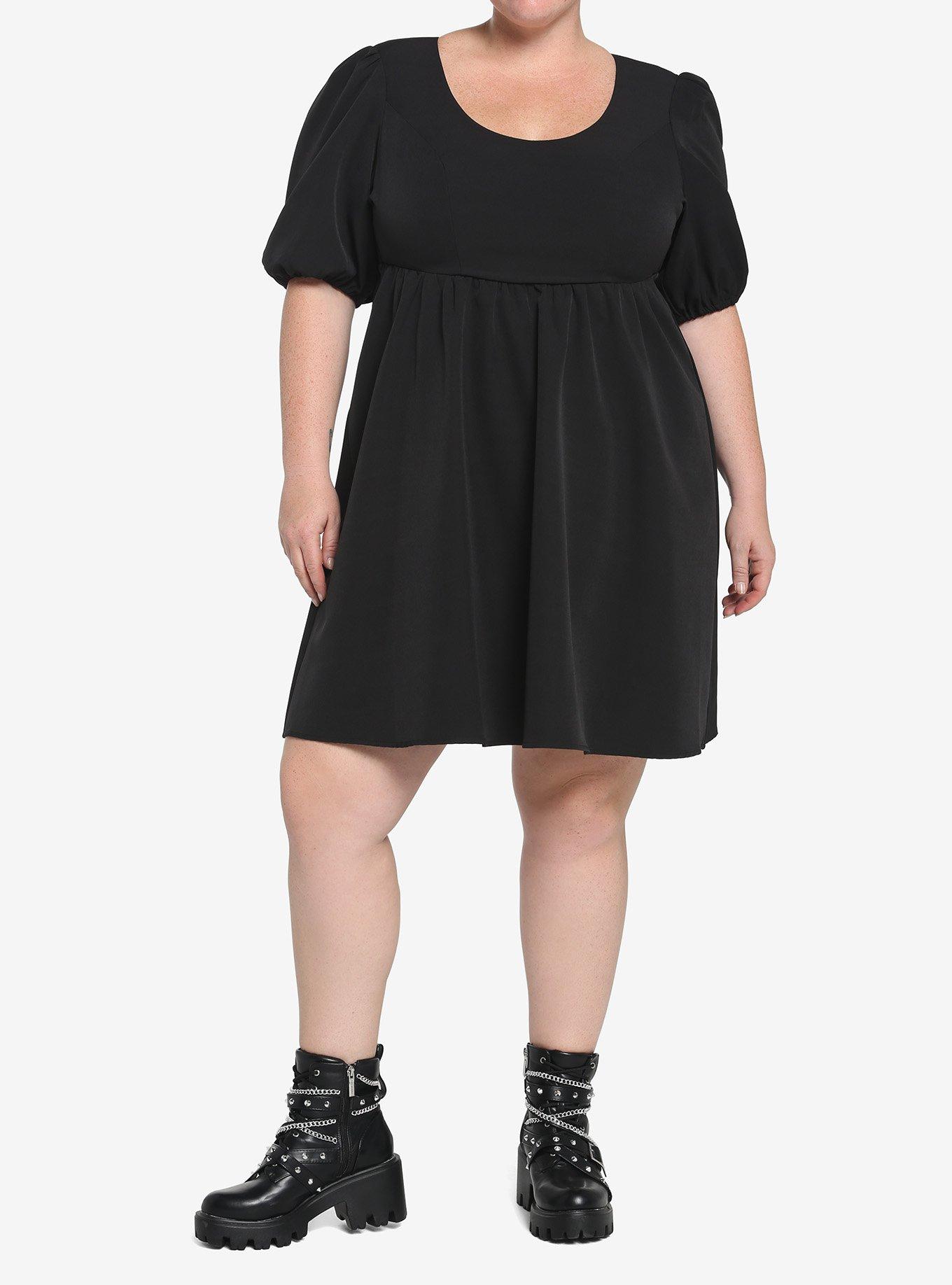 Black Back Tie Puff Sleeve Babydoll Dress Plus Size, BLACK, alternate