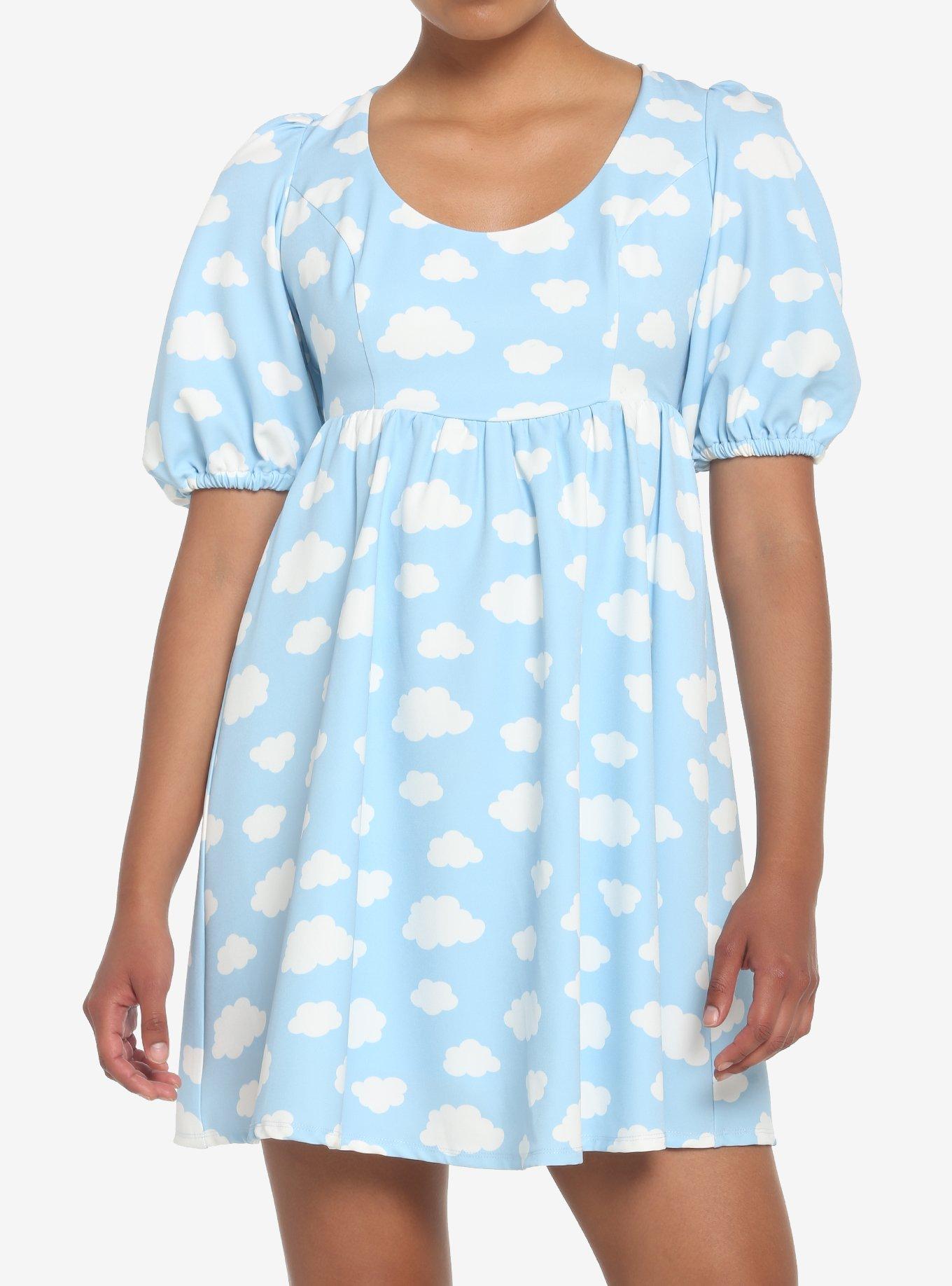 Pastel Blue Skies Cloud Back Tie Puff Sleeve Babydoll Dress, BLUE, alternate