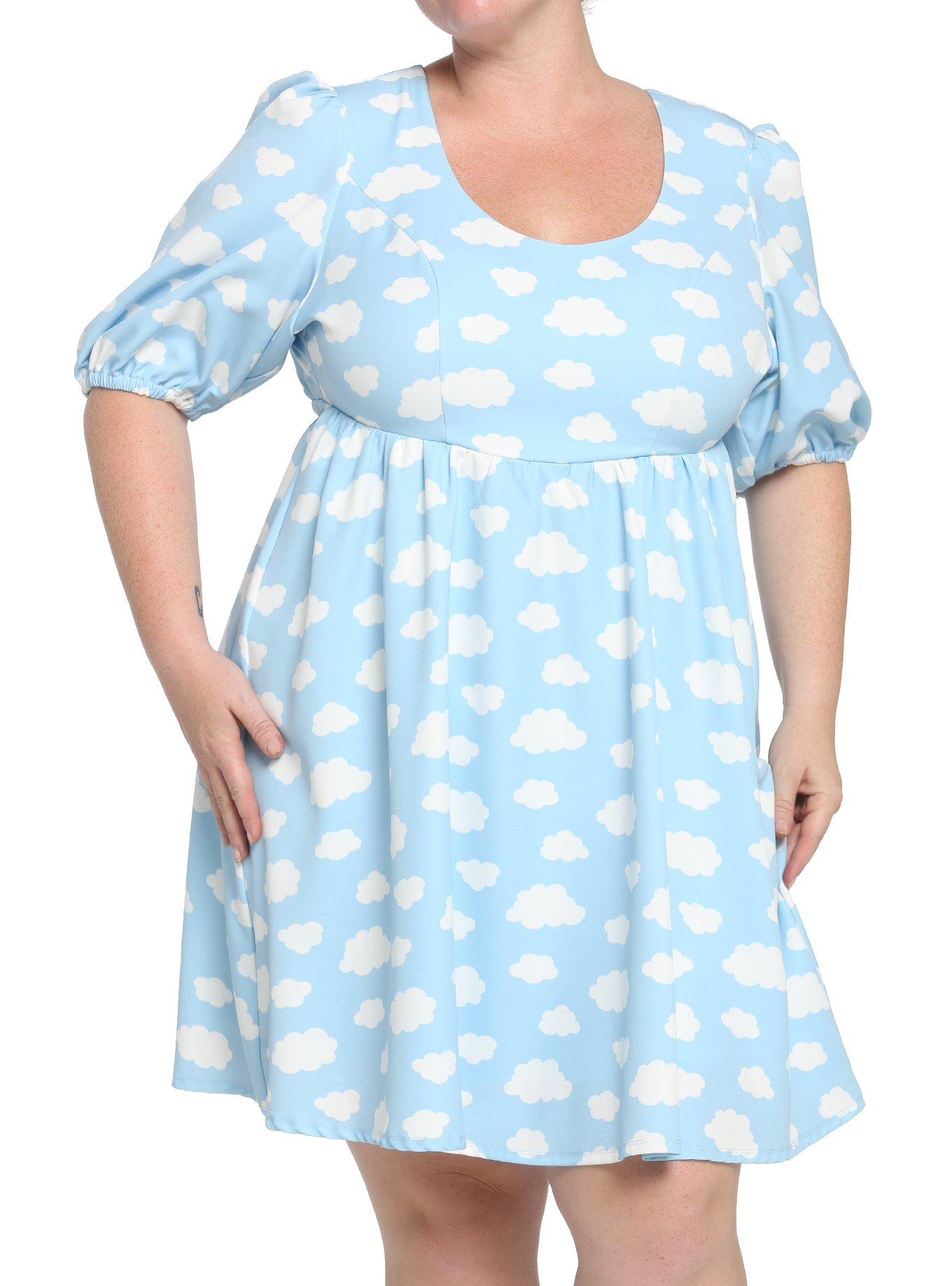 Pastel Blue Skies Cloud Back Tie Puff Sleeve Babydoll Dress Plus Size, BLUE, alternate