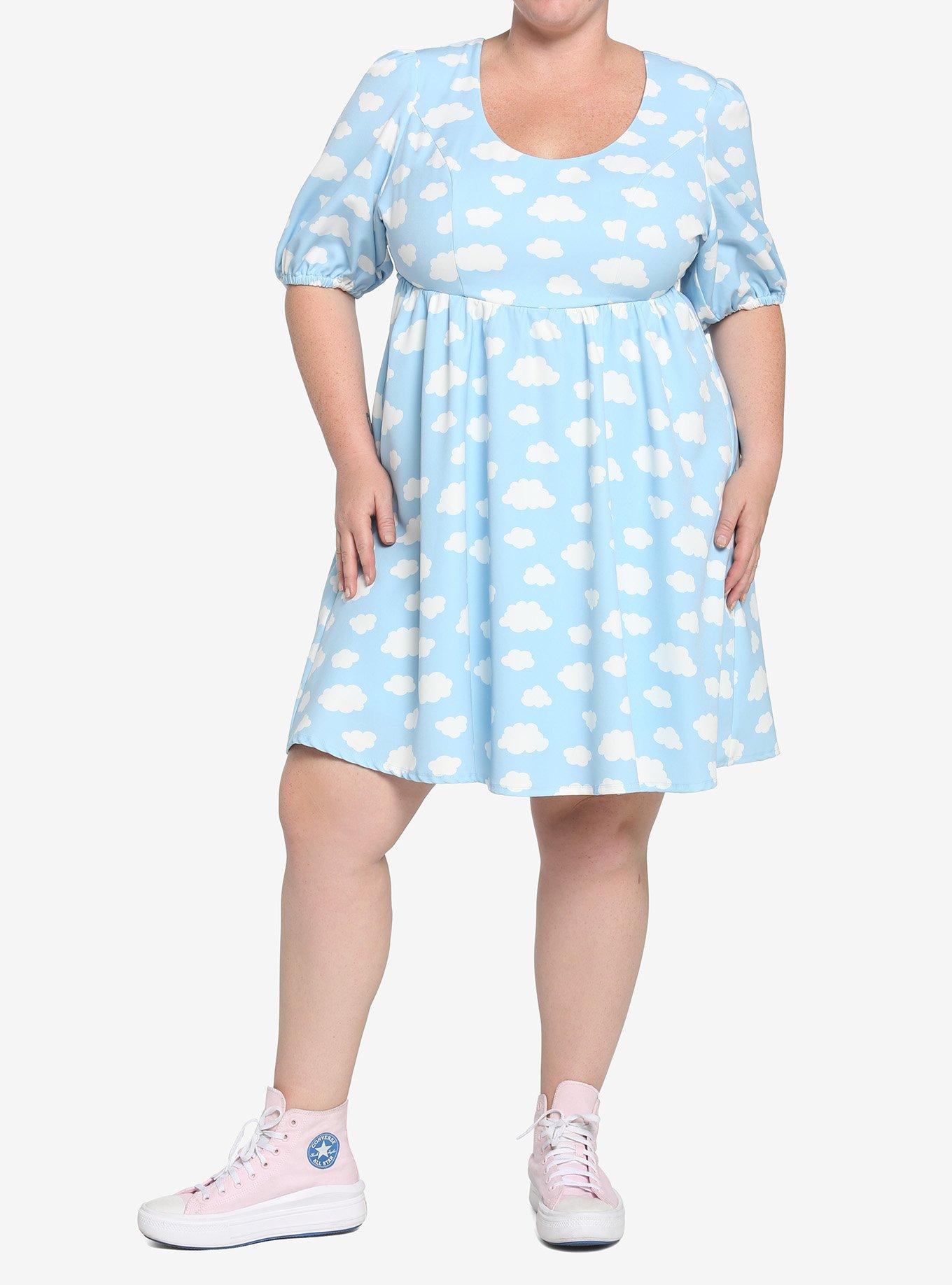 Pastel Blue Skies Cloud Back Tie Puff Sleeve Babydoll Dress Plus Size, BLUE, alternate