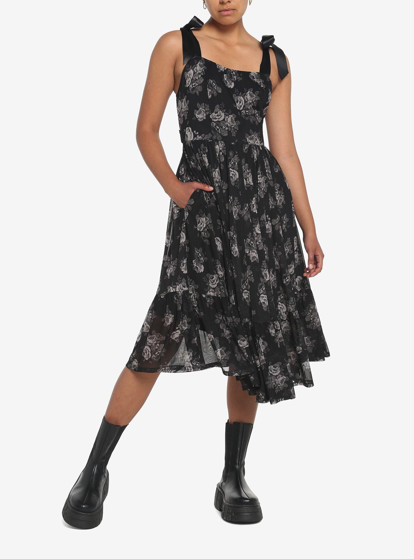 Black Floral Mesh Midi Dress, BLACK, alternate