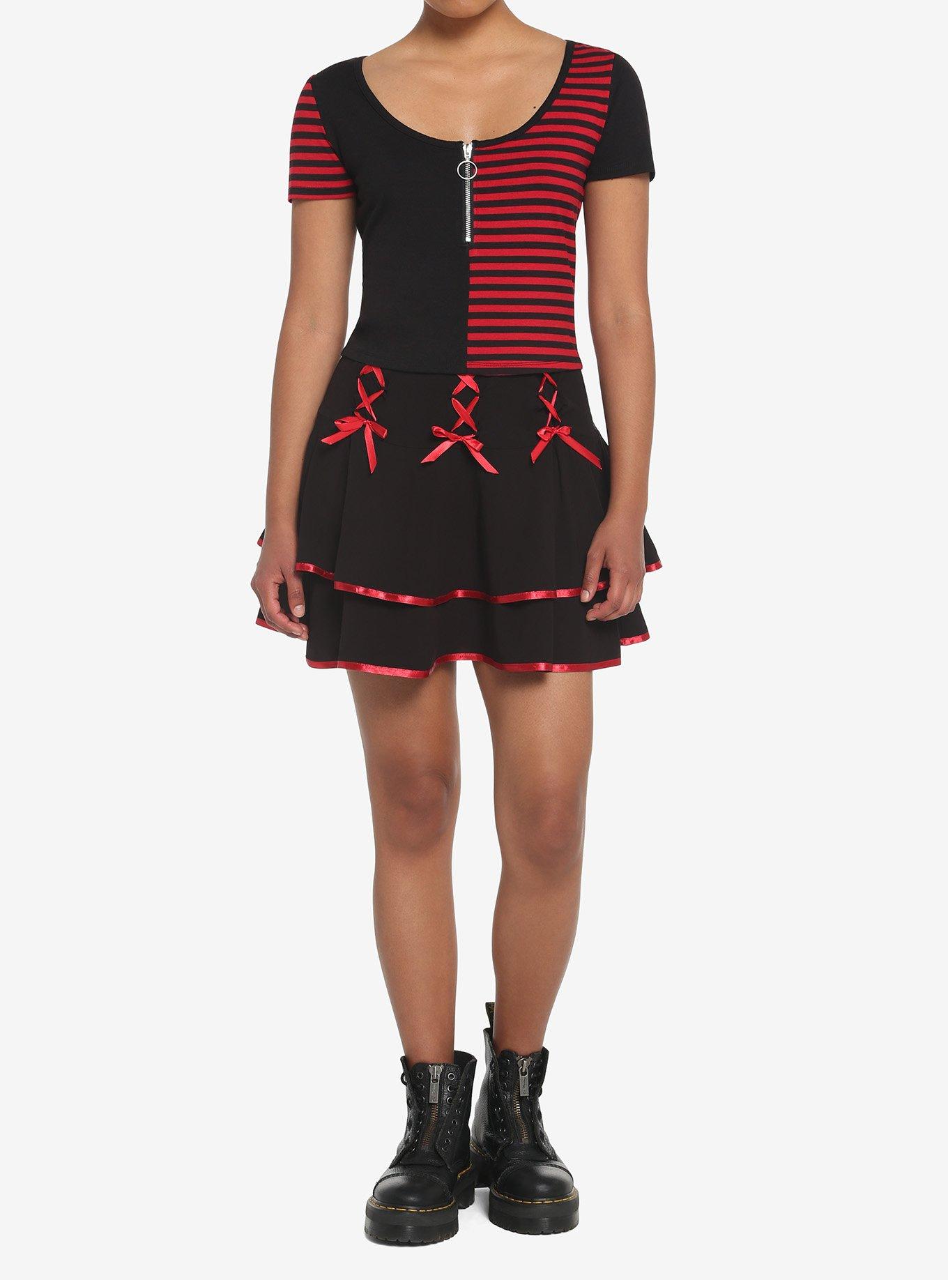 Black & Red Lace-Up Satin Trim Tiered Skirt, BLACK, alternate