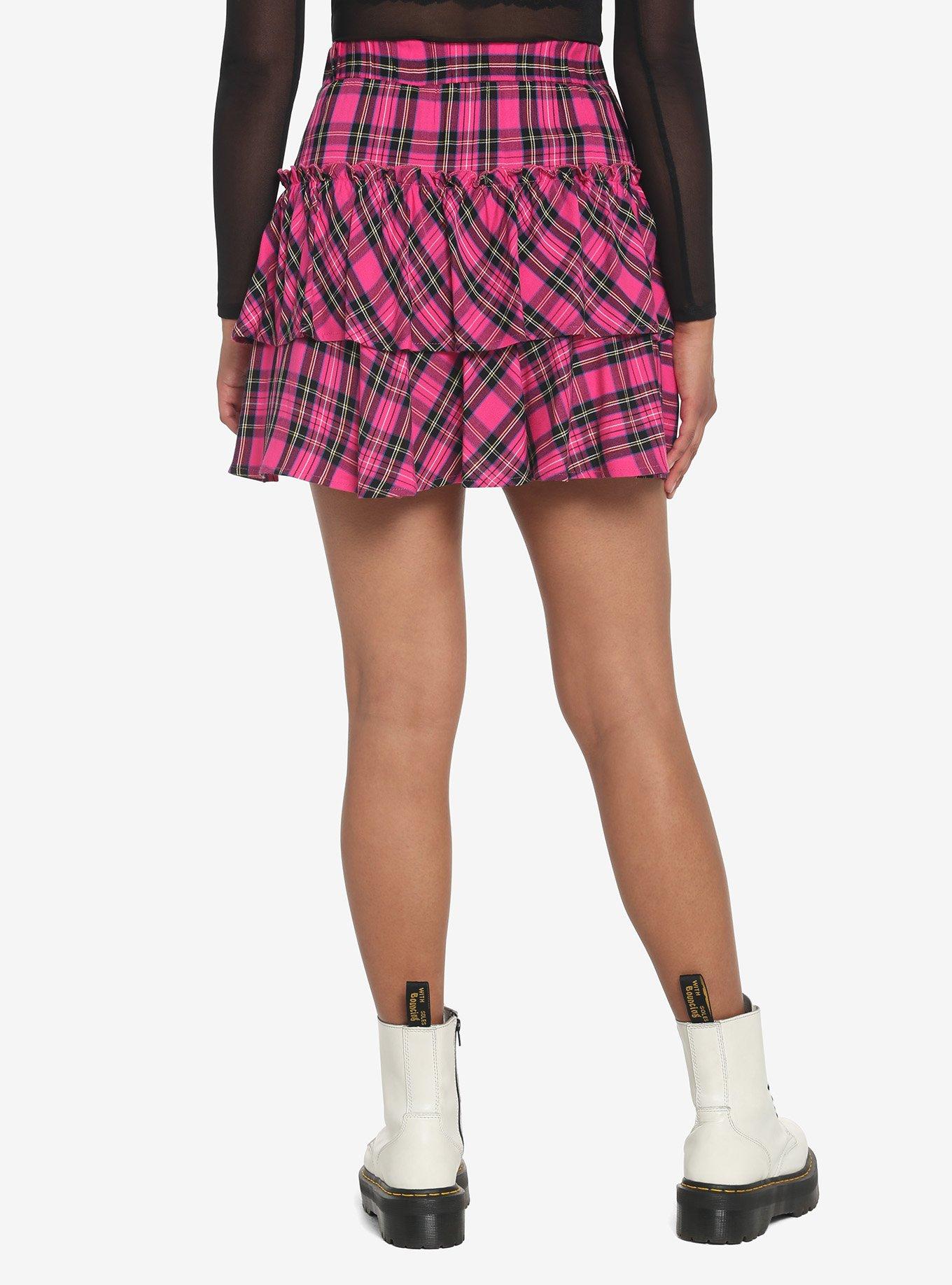 Pink Plaid Wide Yoke Ruffle Skirt, PLAID - PINK, alternate