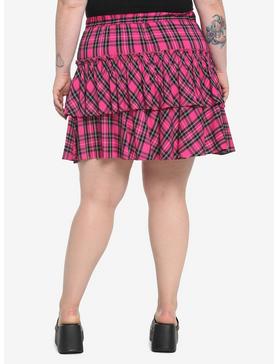 Pink Plaid Wide Yoke Ruffle Skirt Plus Size, , hi-res