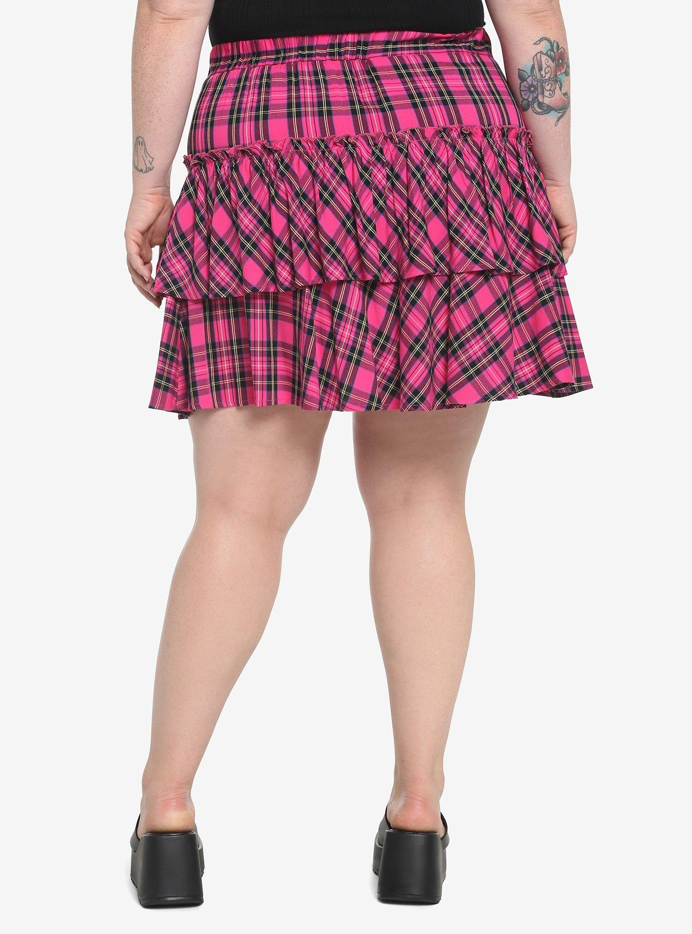Pink Plaid Wide Yoke Ruffle Skirt Plus Size, PLAID - PINK, alternate