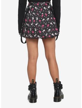 Black & Pink Skulls Pleated Suspender Skirt, , hi-res