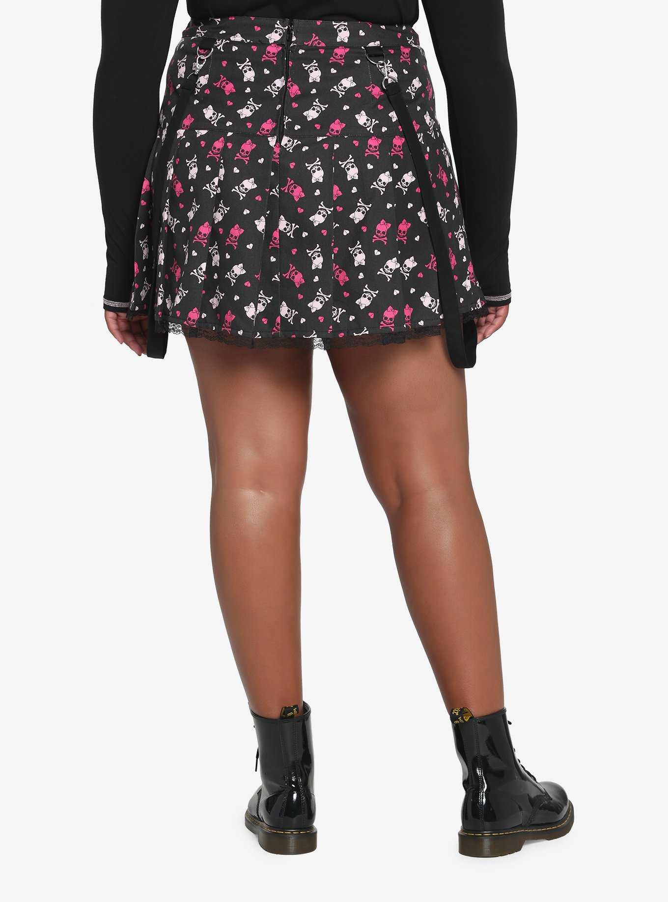 Black & Pink Skulls Pleated Suspender Skirt Plus Size, , hi-res