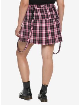 Black & Pink Plaid Pleated Suspender Skirt Plus Size, , hi-res