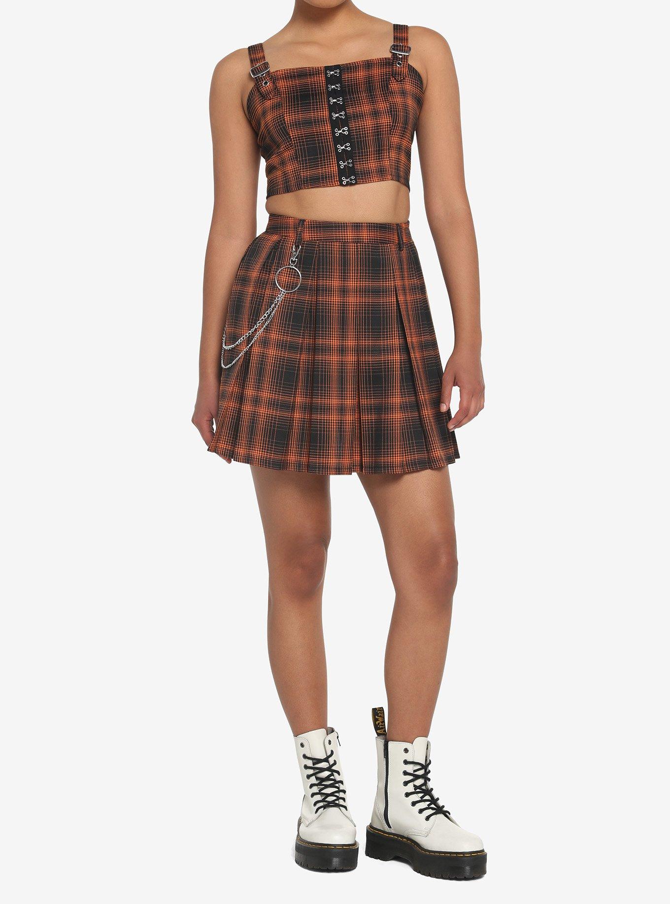 Orange Plaid Double Chain Pleated Skirt, PLAID, alternate